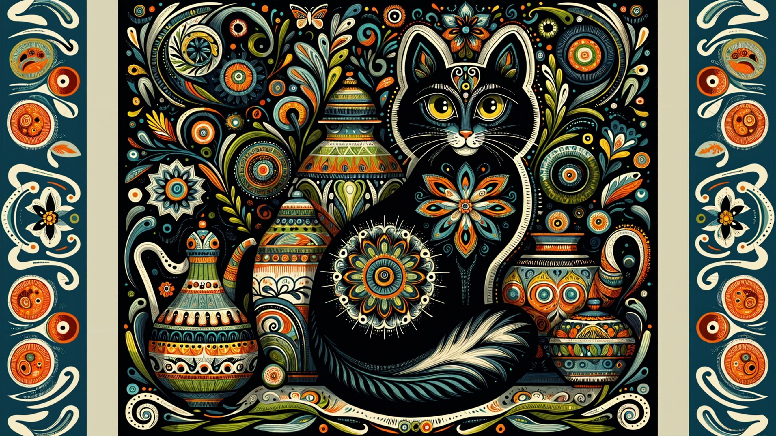 Stylized Black Cat Surrounded by Colorful Patterns