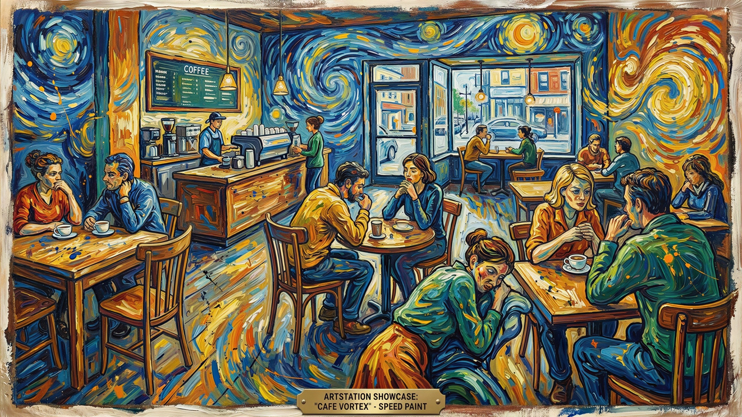 Digital Artwork Inspired by Van Gogh in a Coffee Shop