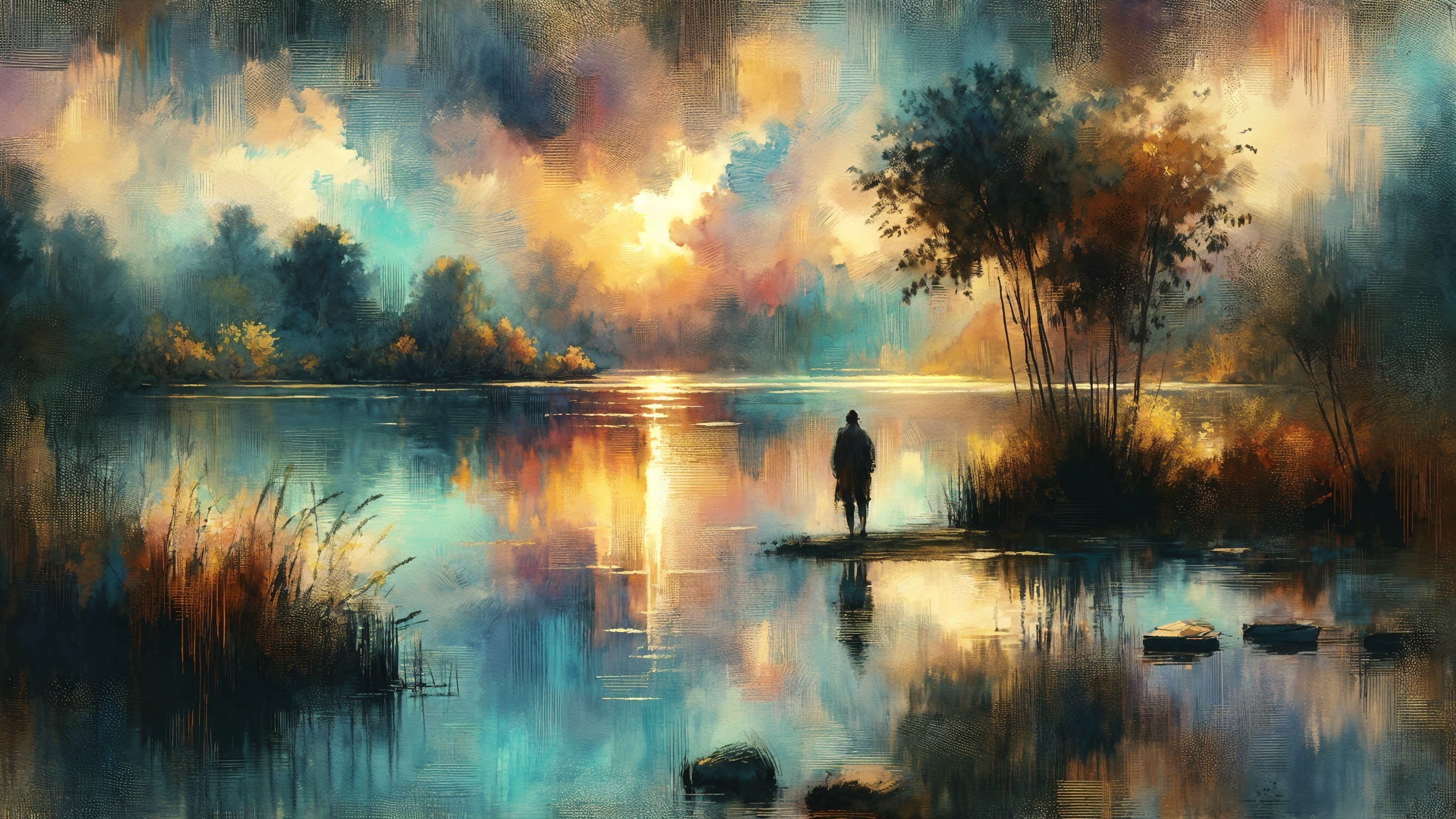 Lakeside Sunset Scene with Reflective Water and Trees