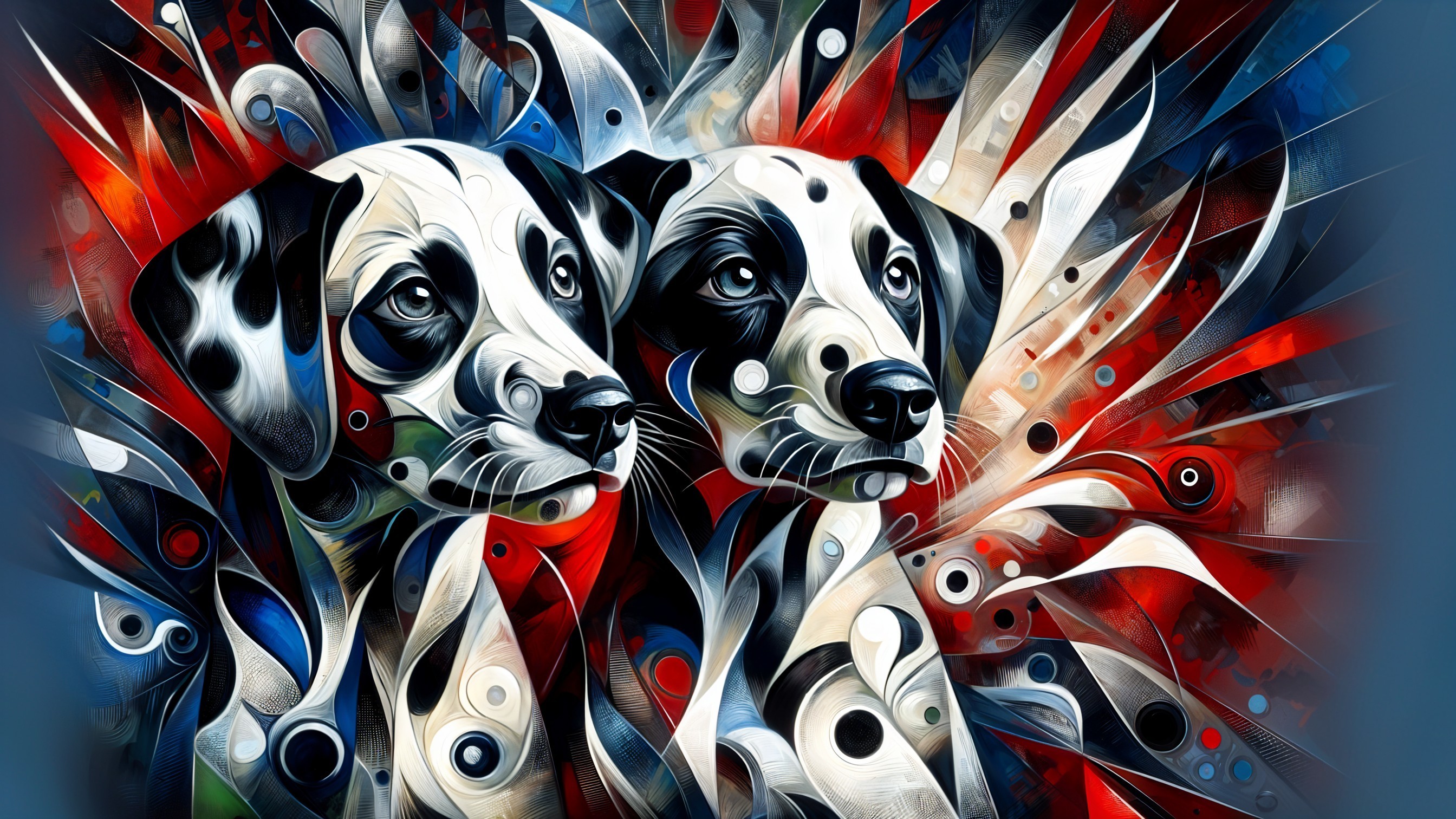 Vibrant Artwork of Stylized Black and White Dogs