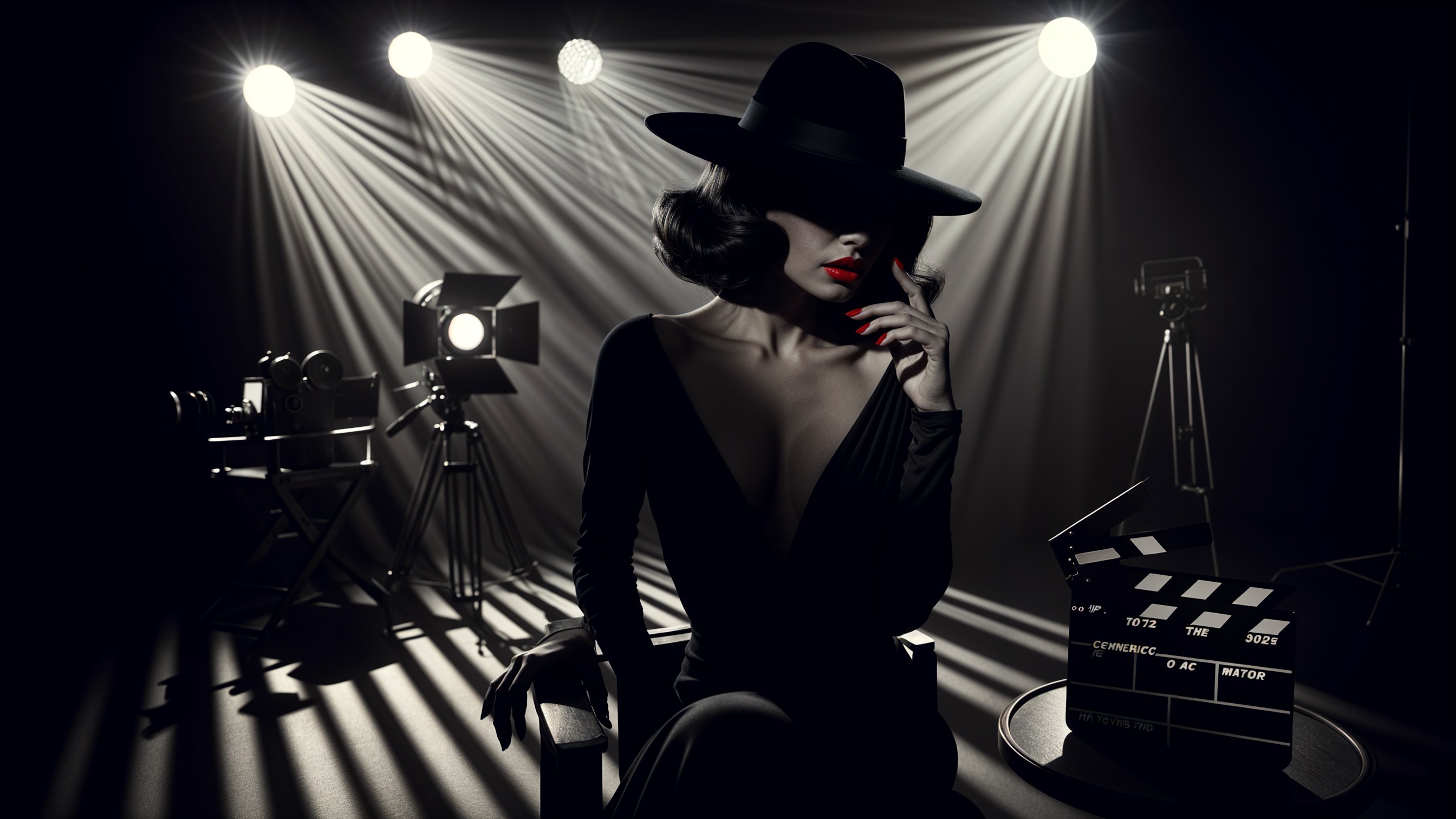 Glamorous Woman in Black-and-White Film Scene