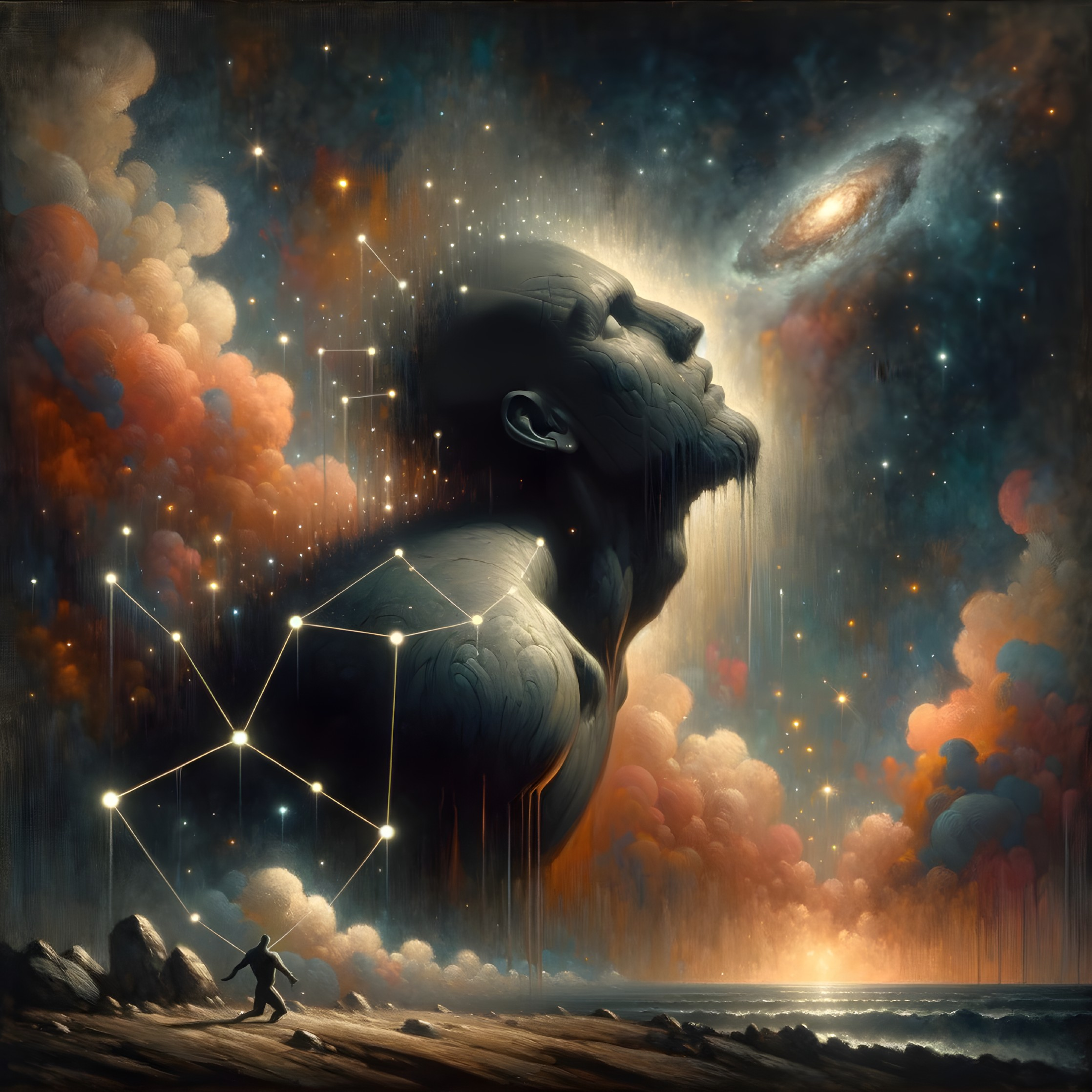 Surreal Landscape with Ethereal Face and Galaxy