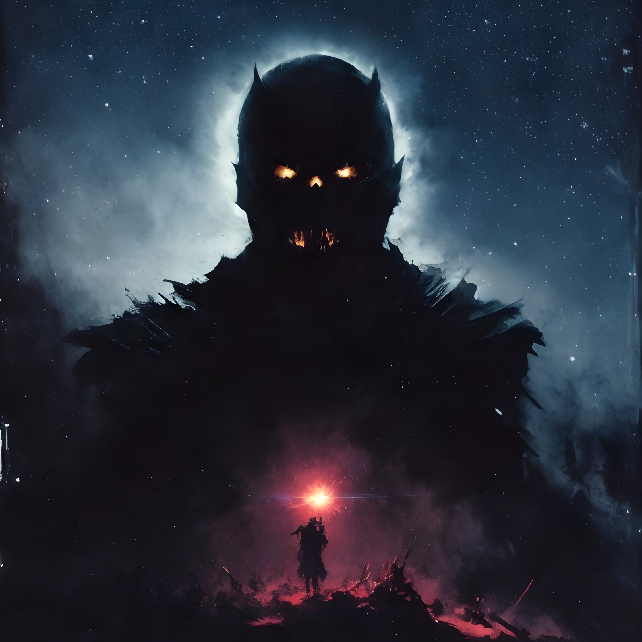 Cosmic Landscape with Shadowy Figure and Warrior