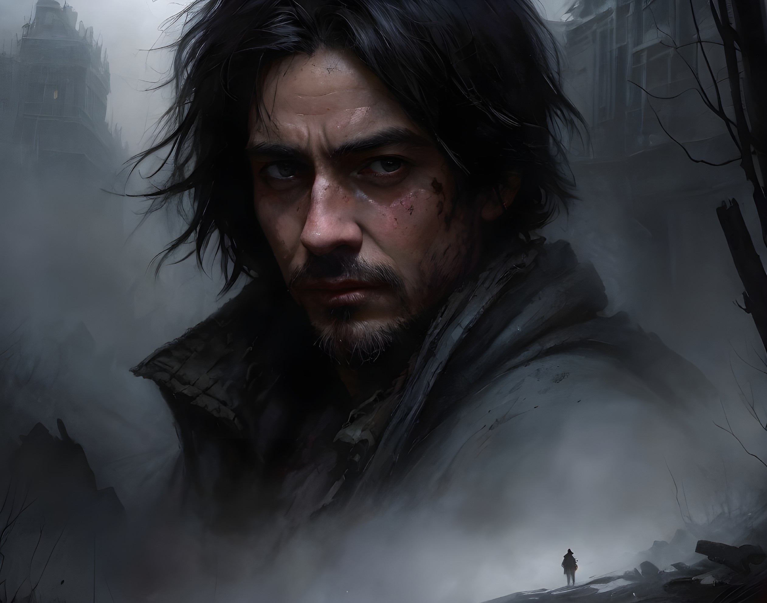 Digital artwork: Weary man with disheveled hair and beard in foggy ruins.