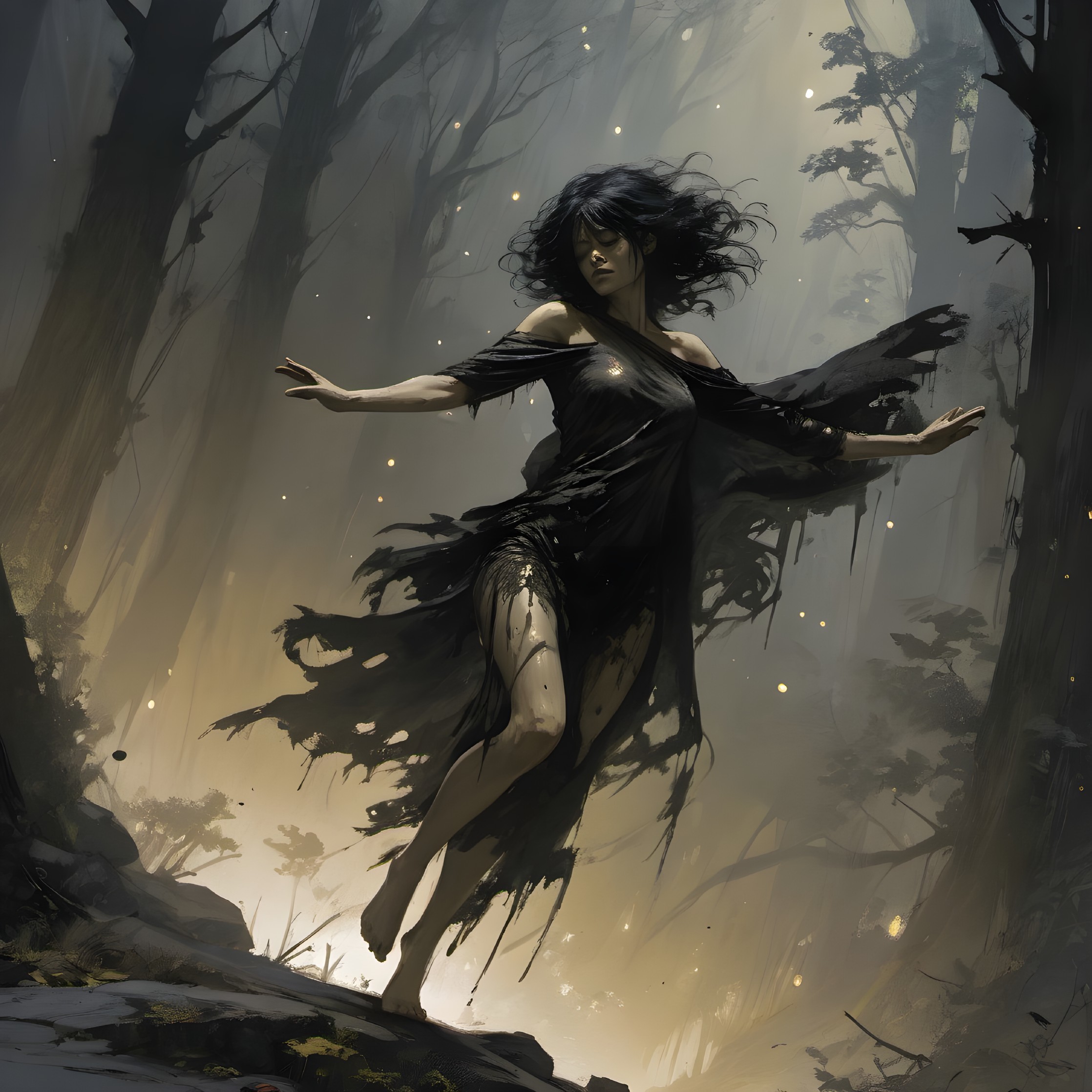 Mystical Woman Levitation in Foggy Forest Scene