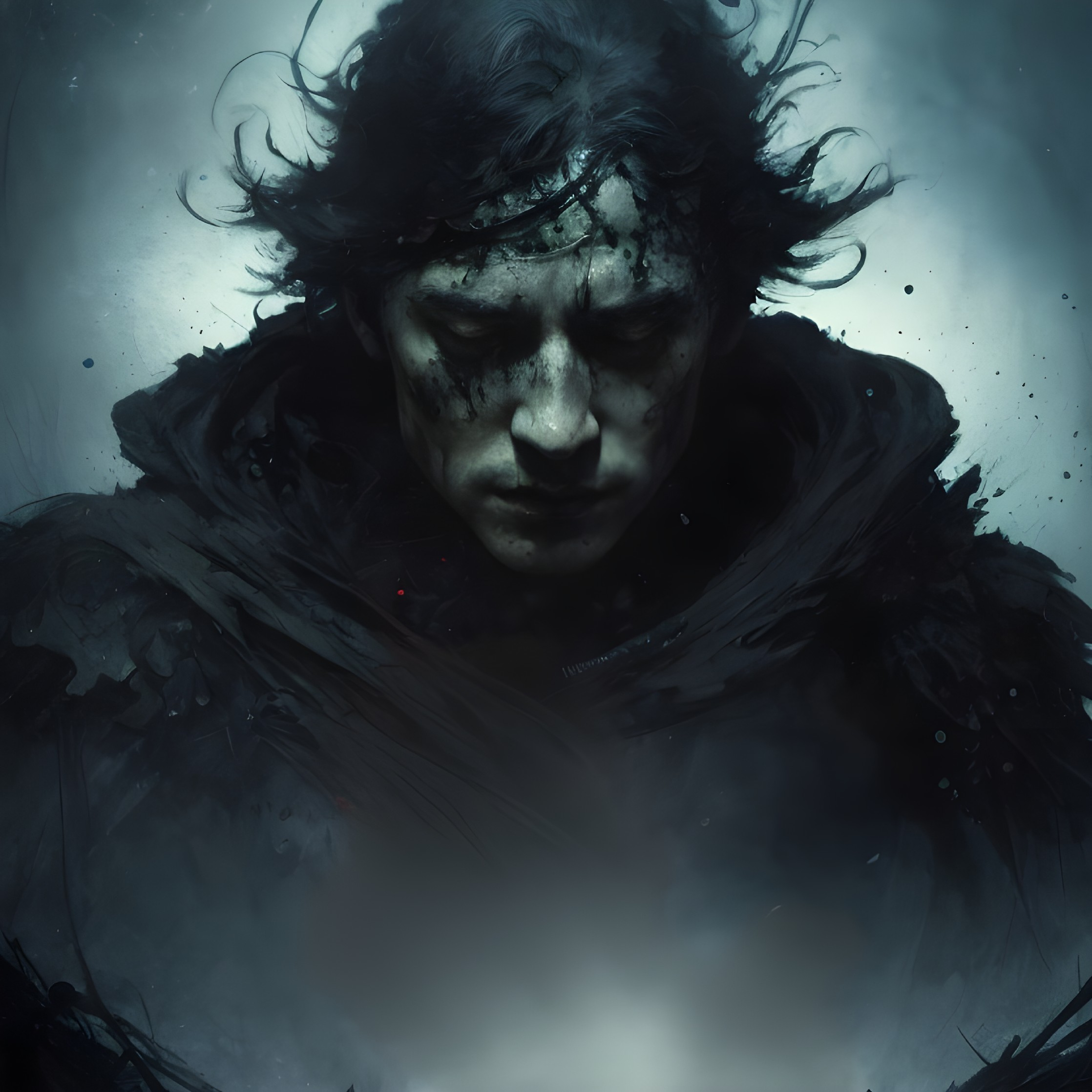 Brooding figure in dark robes against misty backdrop