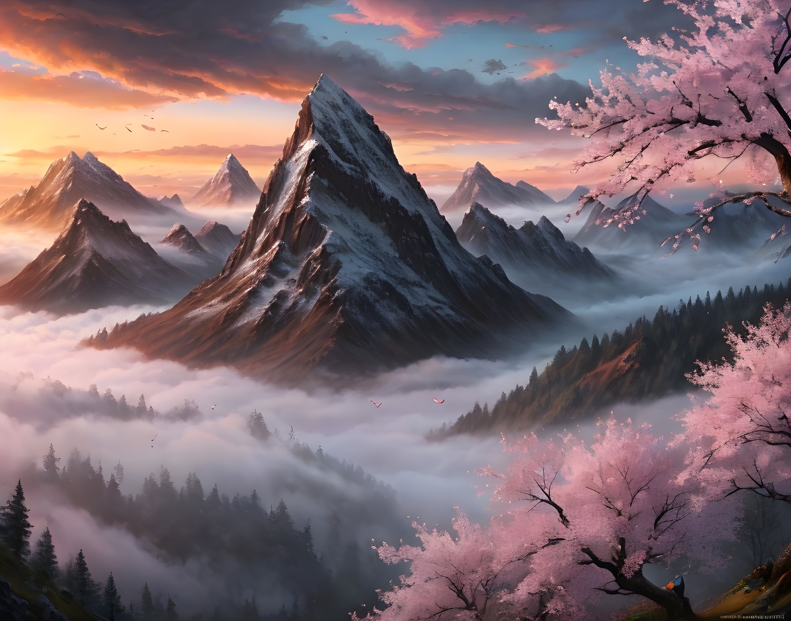 Sunrise over snow-capped mountains with pink blossoming trees and flying birds
