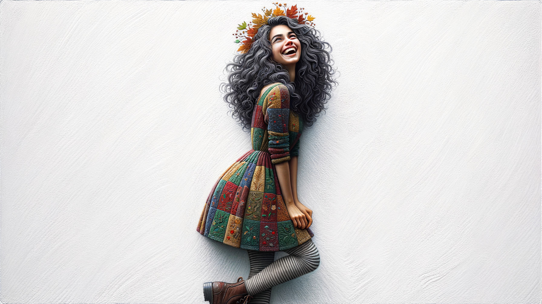 Joyful young woman in colorful patchwork dress and leggings
