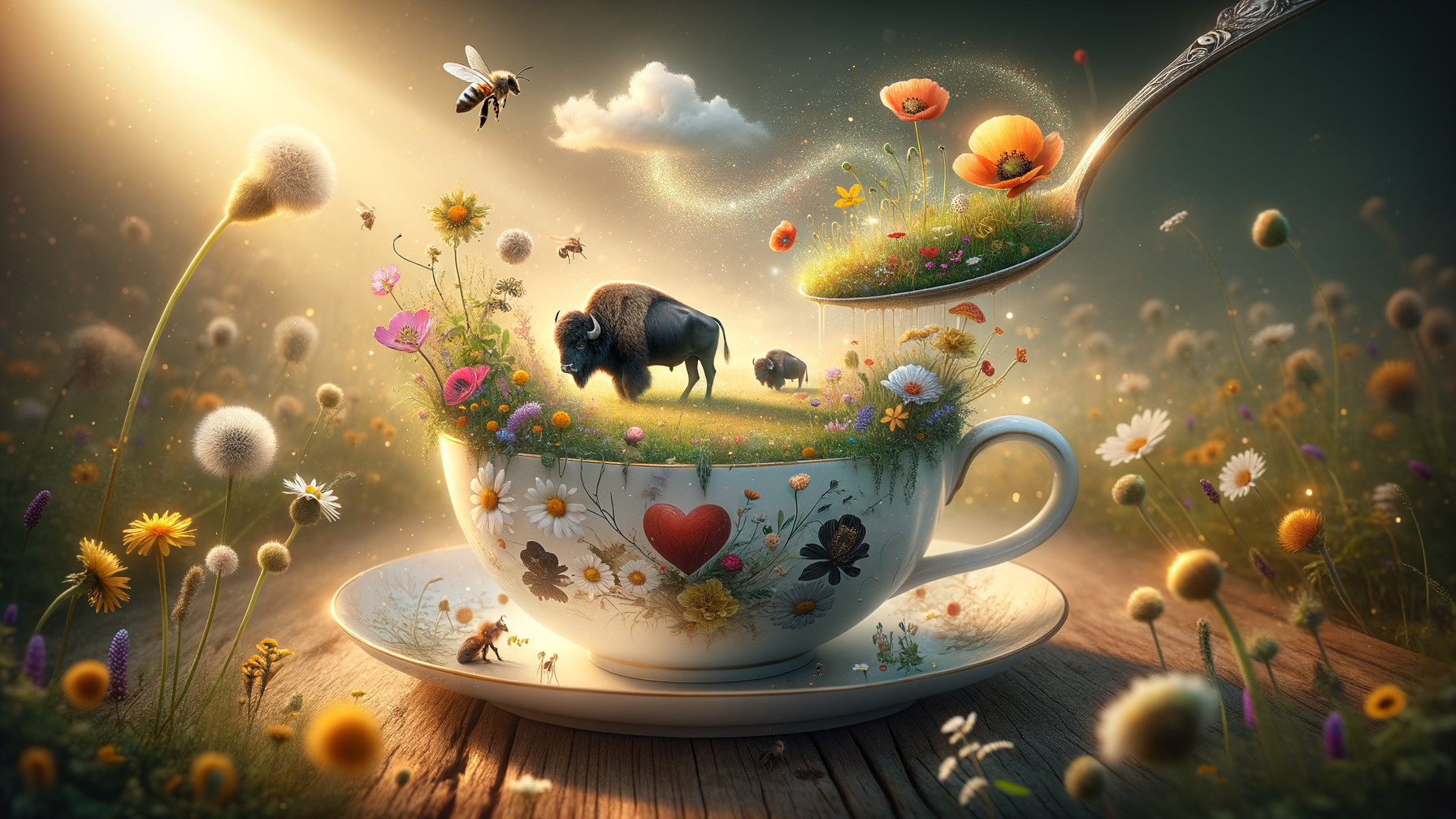 Whimsical Teacup Landscape with Bison and Flowers