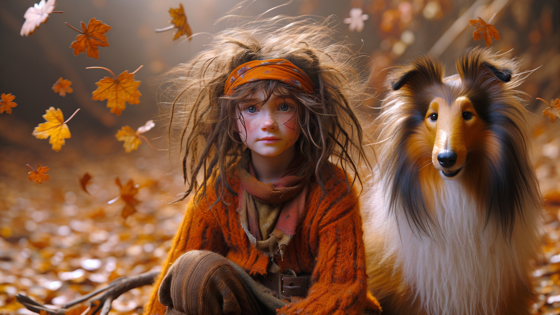 Autumn Forest Scene with Girl and Collie Dog
