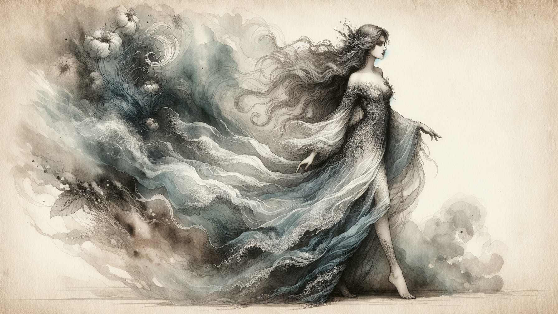 Ethereal figure in a dreamlike watercolor landscape