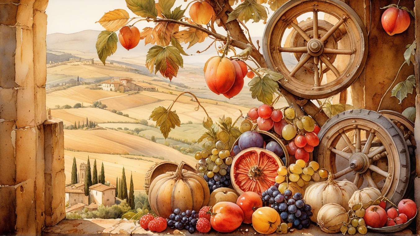 Rustic Window View with Fruits and Rolling Hills