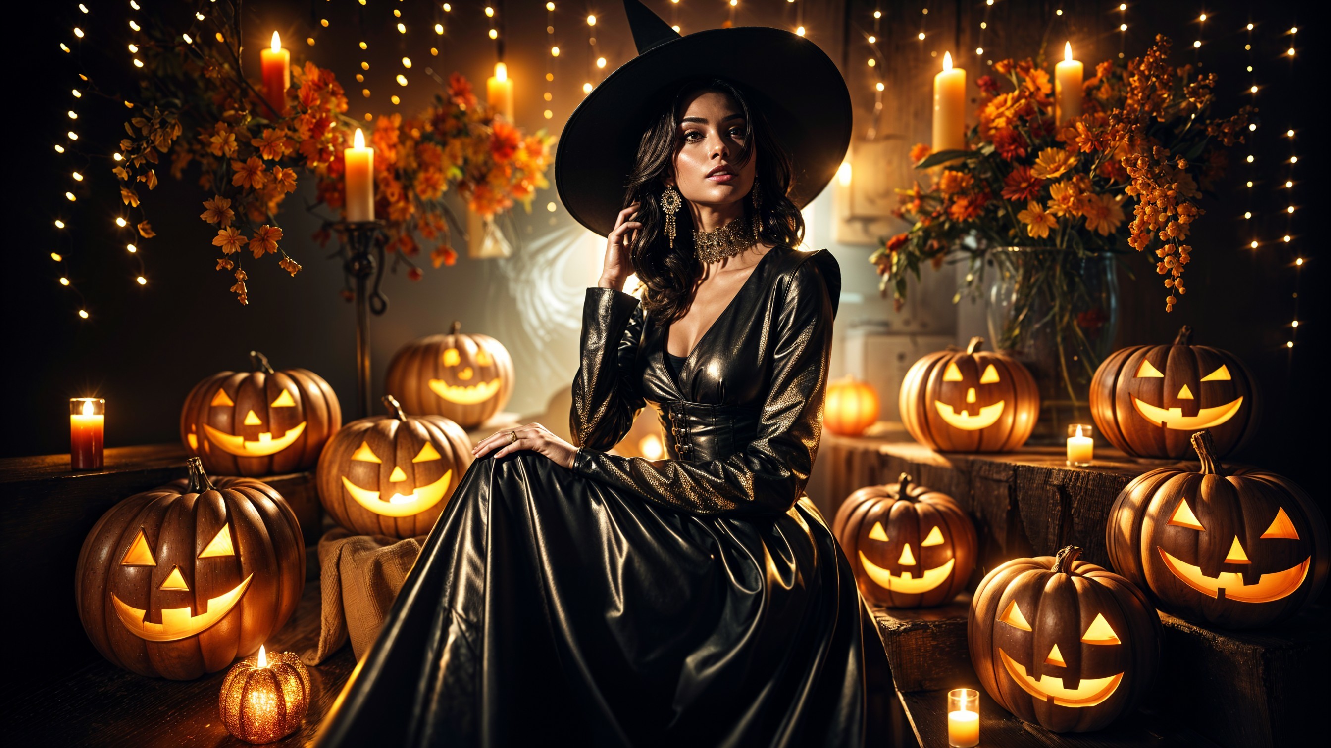 Elegant Woman in Black Dress Surrounded by Jack-o'-Lanterns