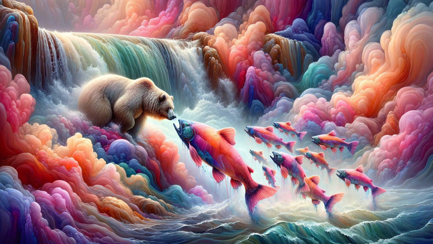 Bear Catching Salmon at Colorful Waterfall Scene