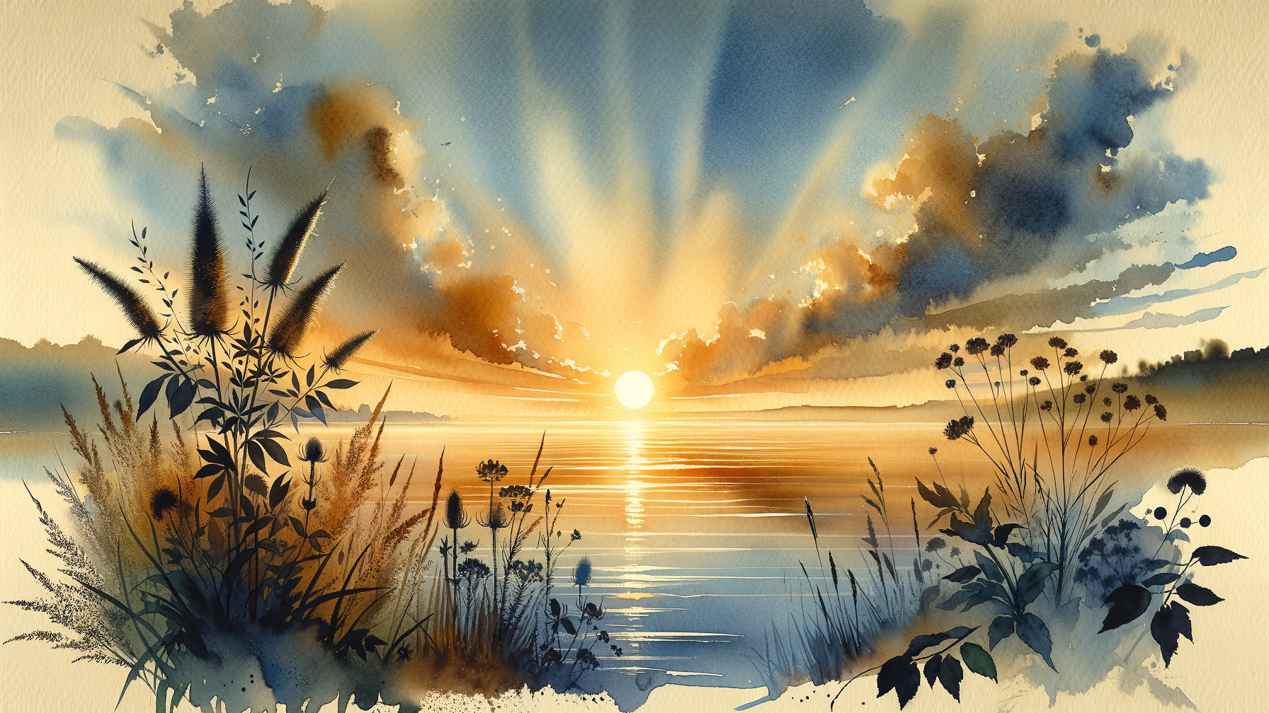 Watercolor Landscape of Sunrise Over Calm Waters