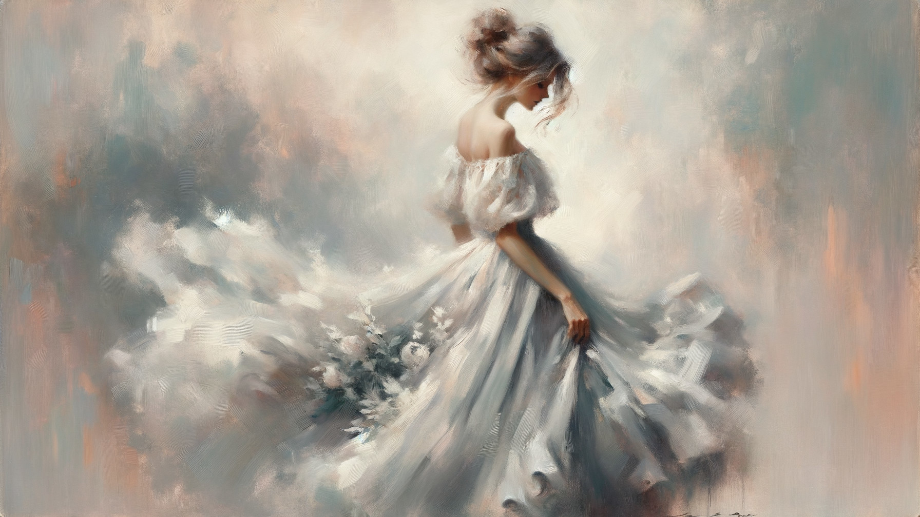 Graceful Woman in Flowing White Dress Twirling