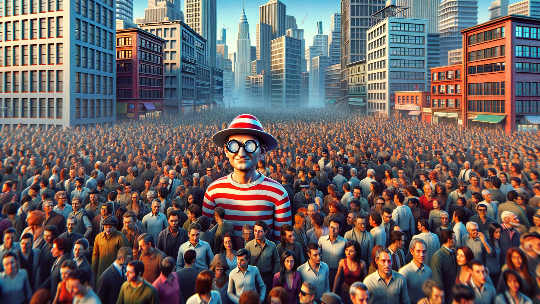 Tall Figure in Red-and-White Stripes in Urban Crowd