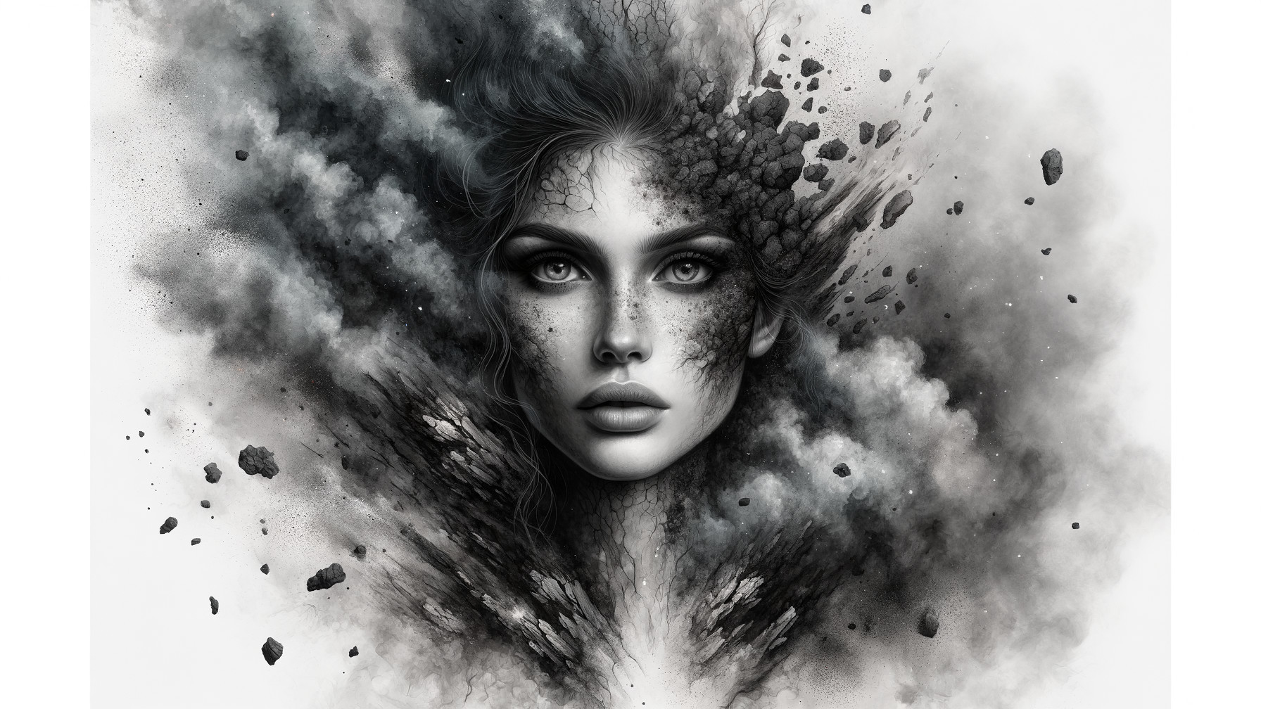 Female Face Amidst Dark Smoky Textures and Chaos