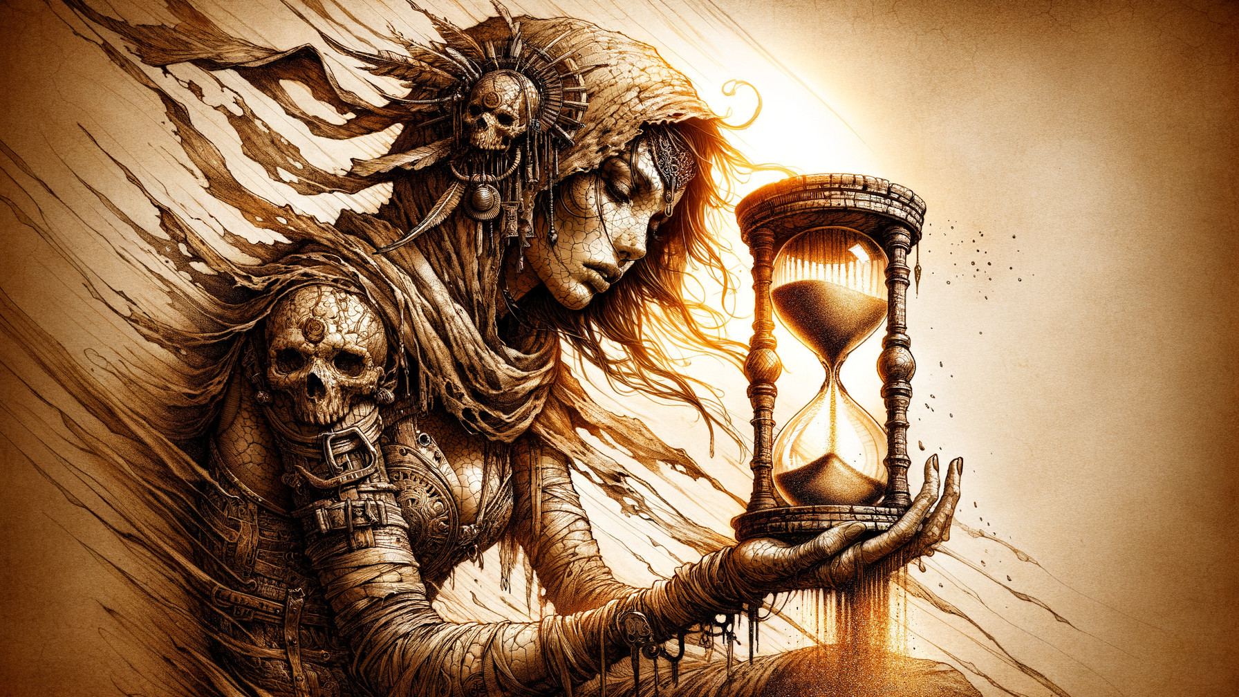 Haunting Figure with Hourglass and Tattered Garments