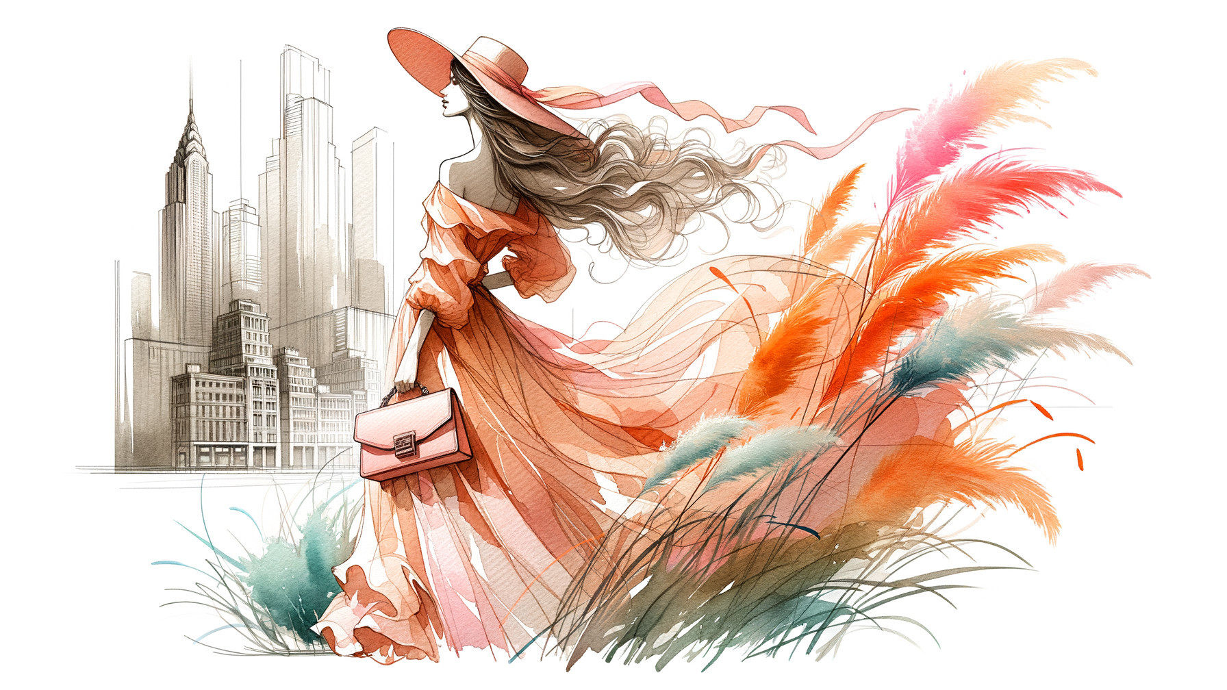 Stylish Woman in Orange Dress Against Cityscape