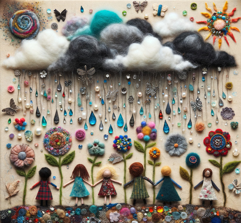 Colorful Felt Collage of Figures Under Clouds