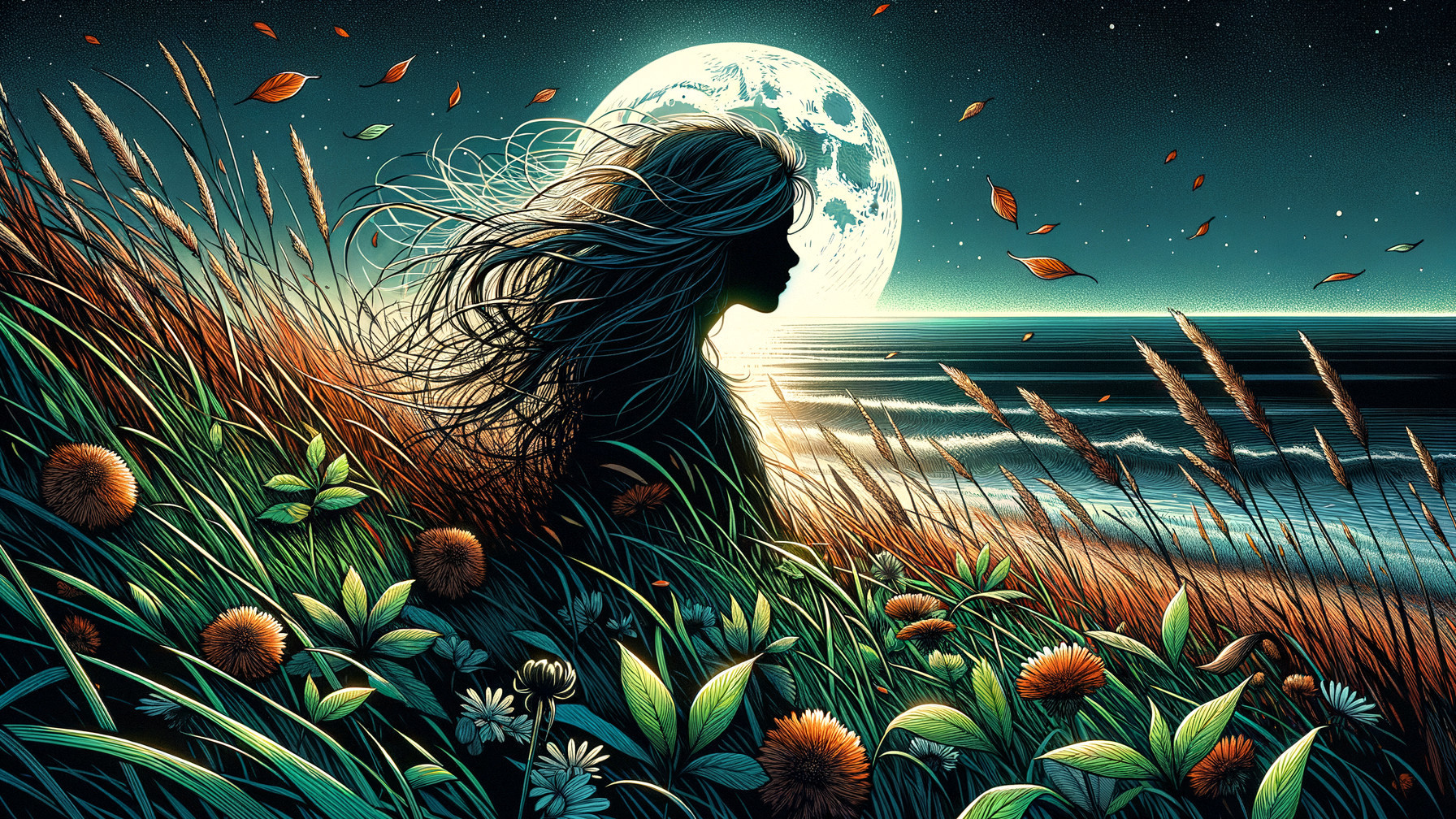 Silhouette of a woman in a serene dusk landscape