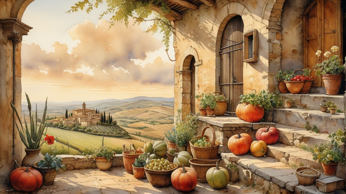 Serene Tuscan Landscape with Rustic Terrace and Pumpkins