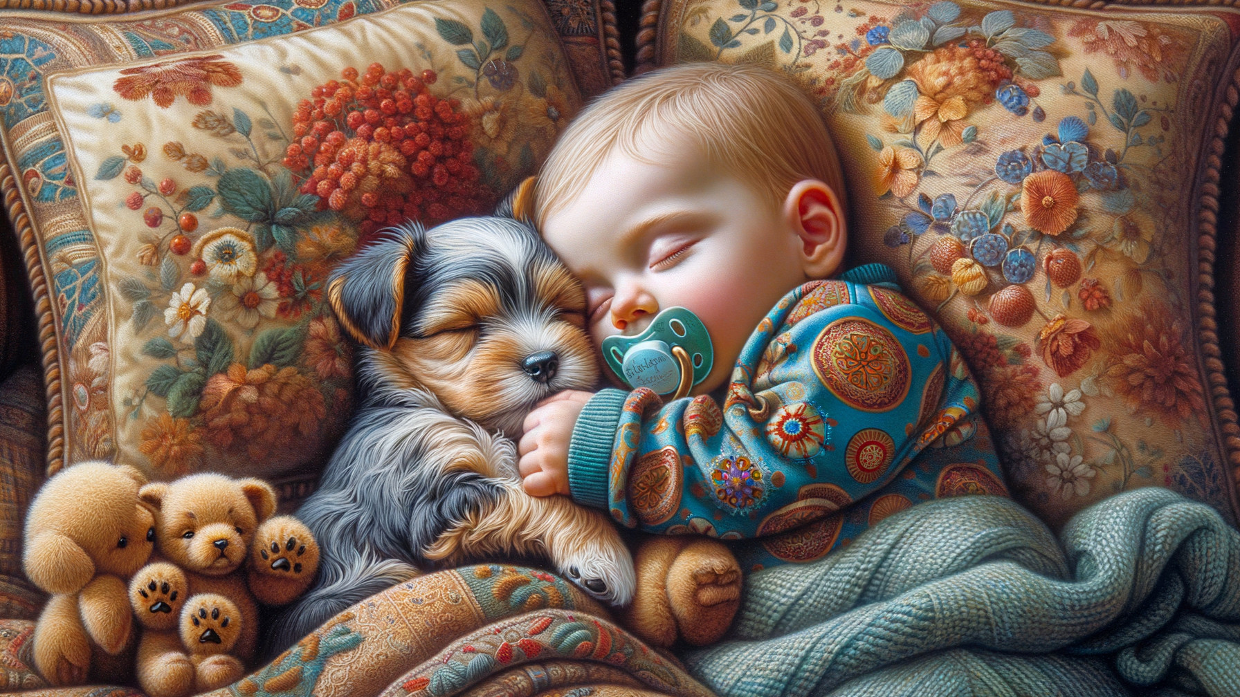 Sleeping Baby and Puppy Among Floral Pillows