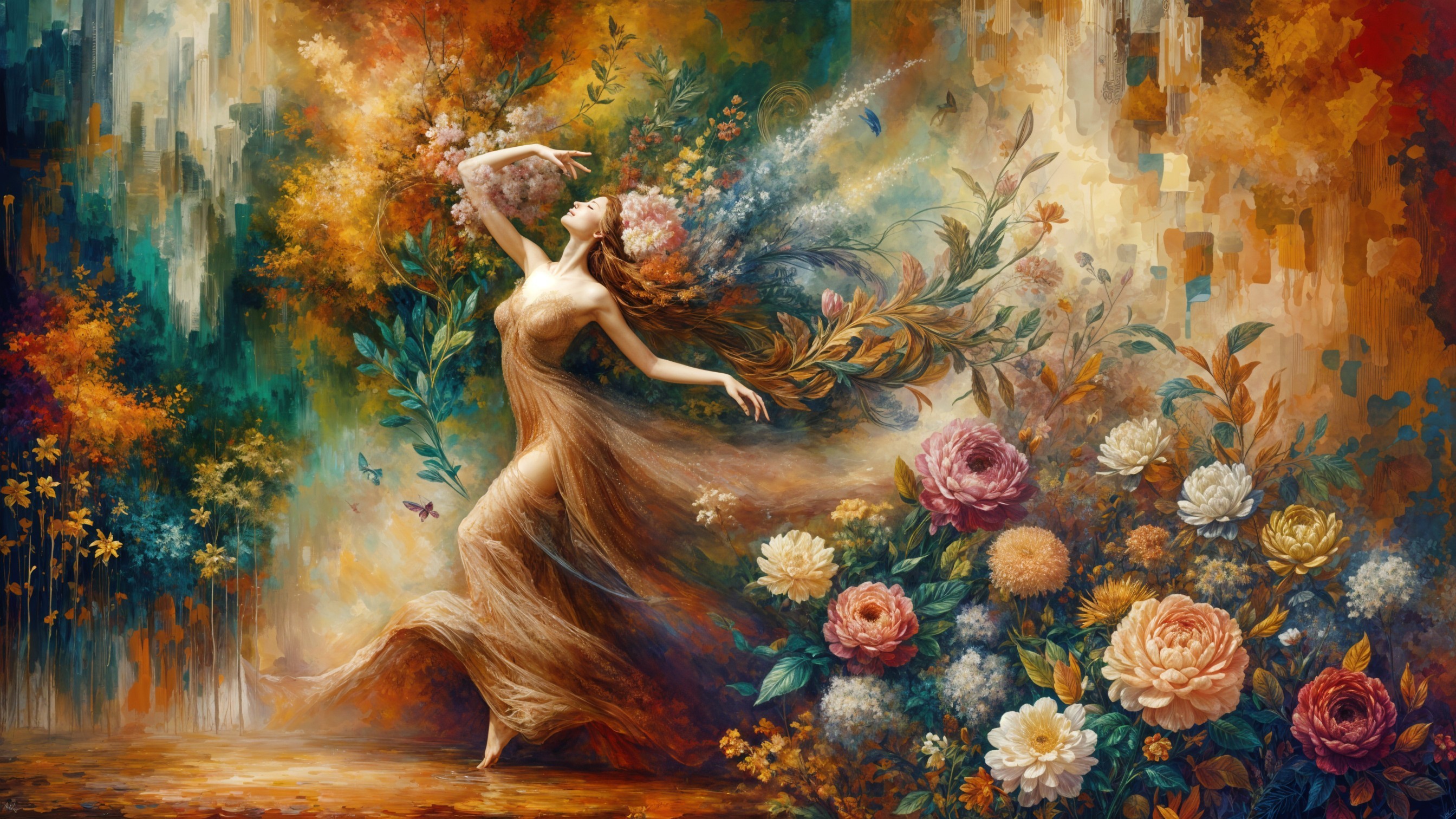 Dancer in a Colorful Flower Garden Scene