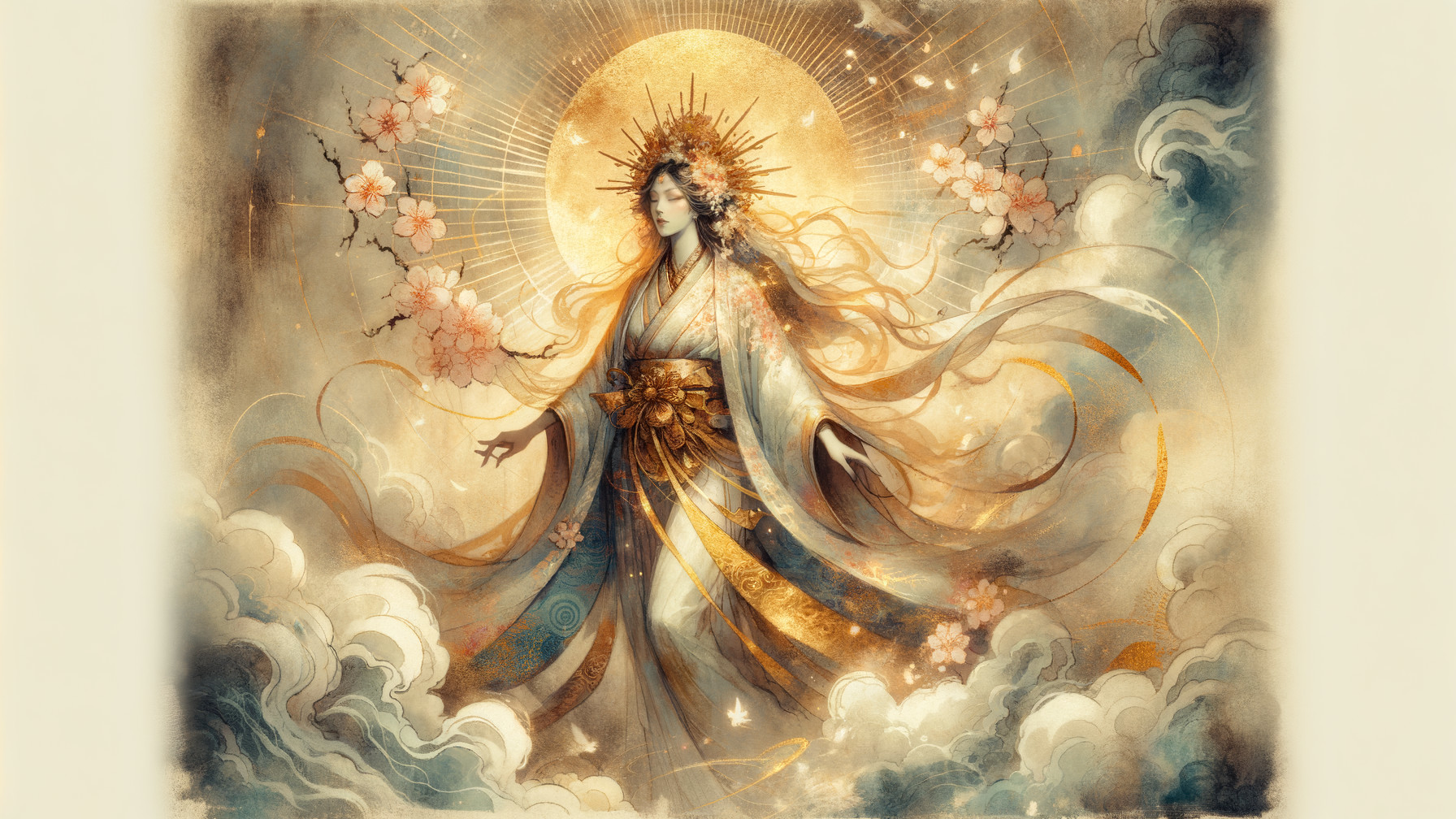 Serene figure in robes amidst clouds and cherry blossoms