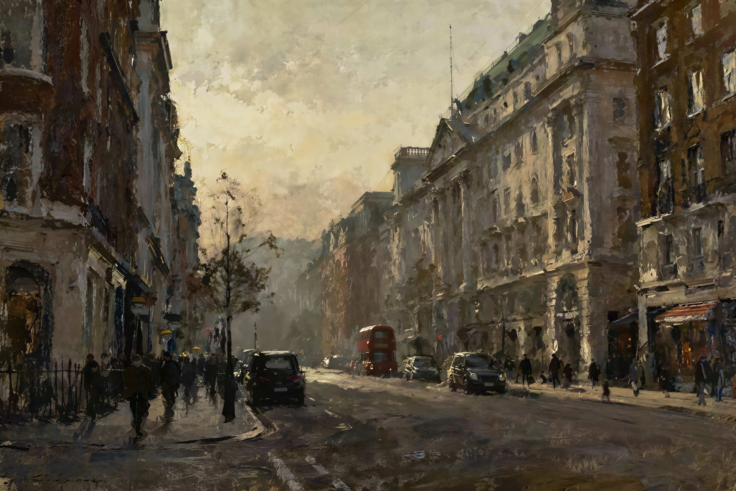 European City Street Scene Under Overcast Sky