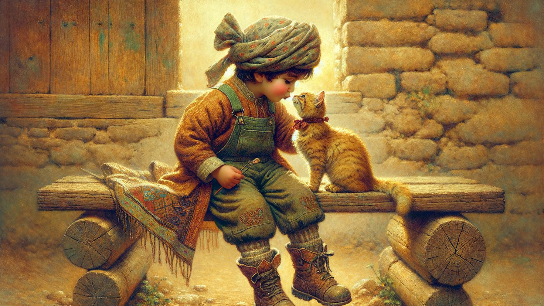 Young Boy and Orange Tabby Cat in Rustic Setting