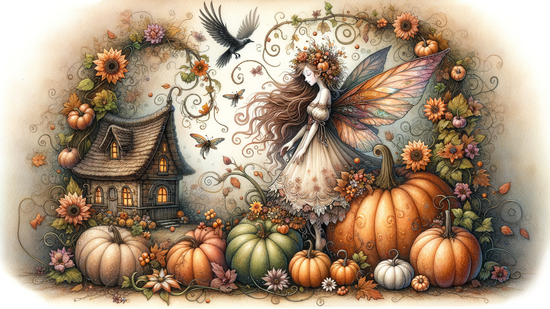 Whimsical Fairy in Autumn Garden with Colorful Wings