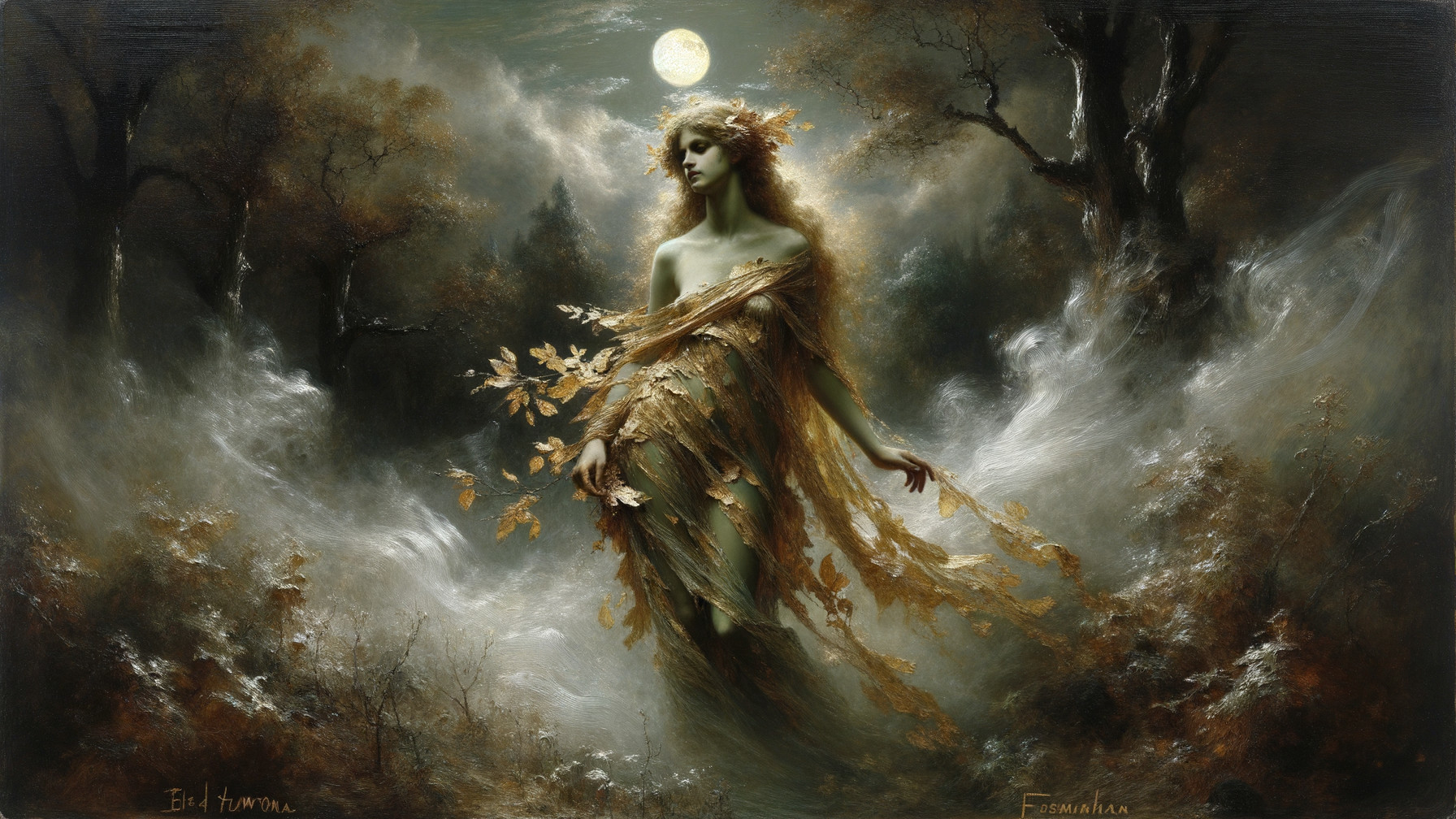 Mystical Figure in Autumn Attire in Foggy Landscape