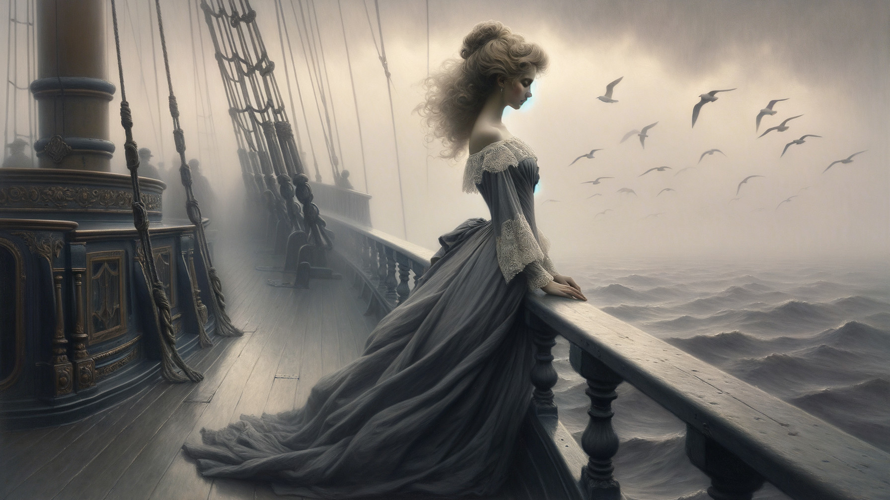 Woman in gown on ship deck gazes at turbulent sea