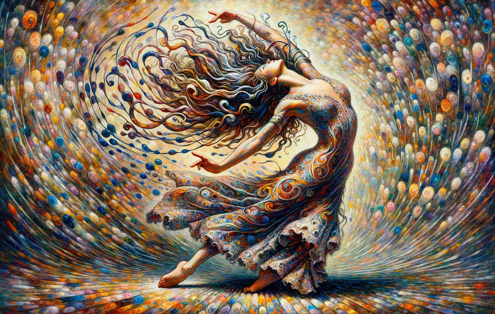 Dancer in Vibrant Colors and Swirling Patterns