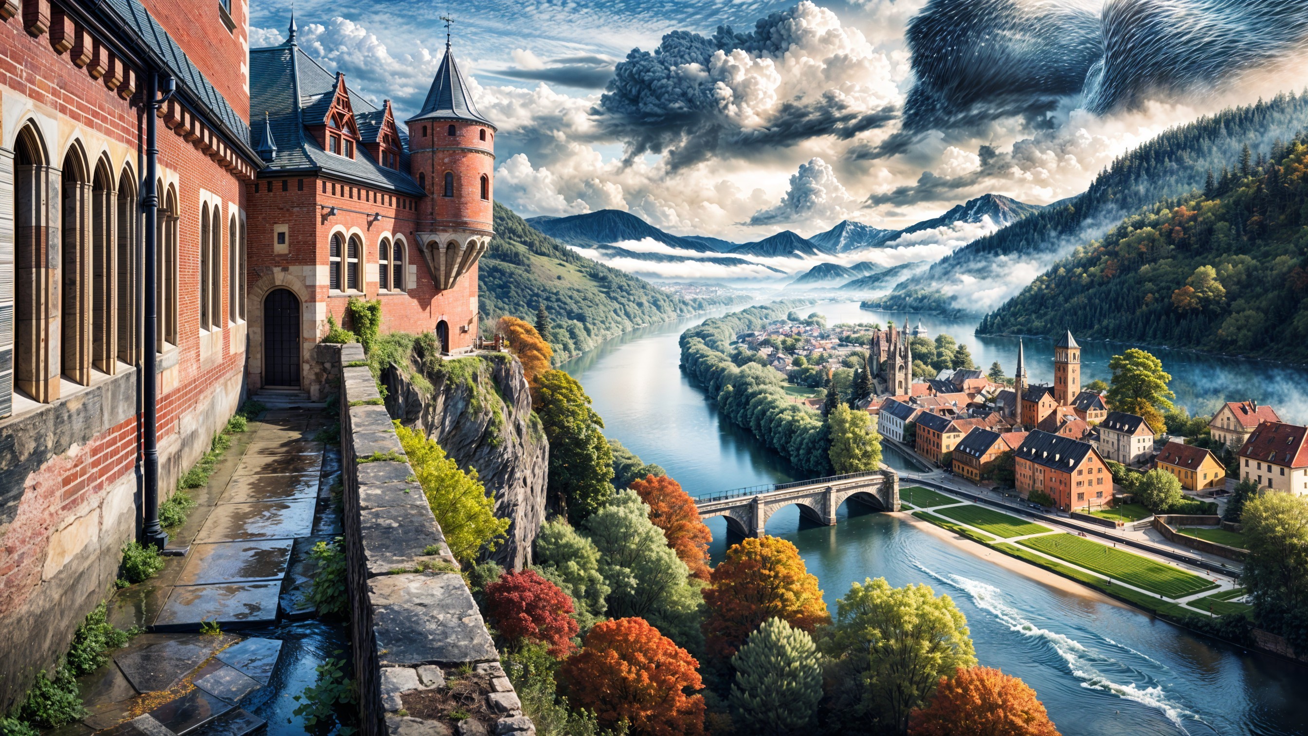Medieval Castle Overlooking River and Autumn Landscape