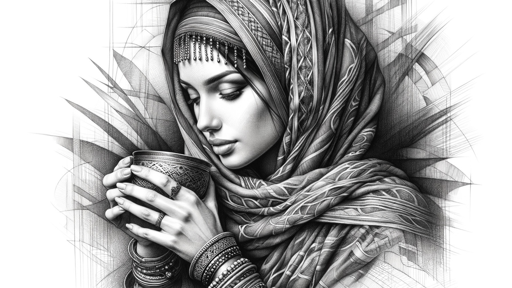 Monochrome Illustration of a Woman with Shawls and Jewelry
