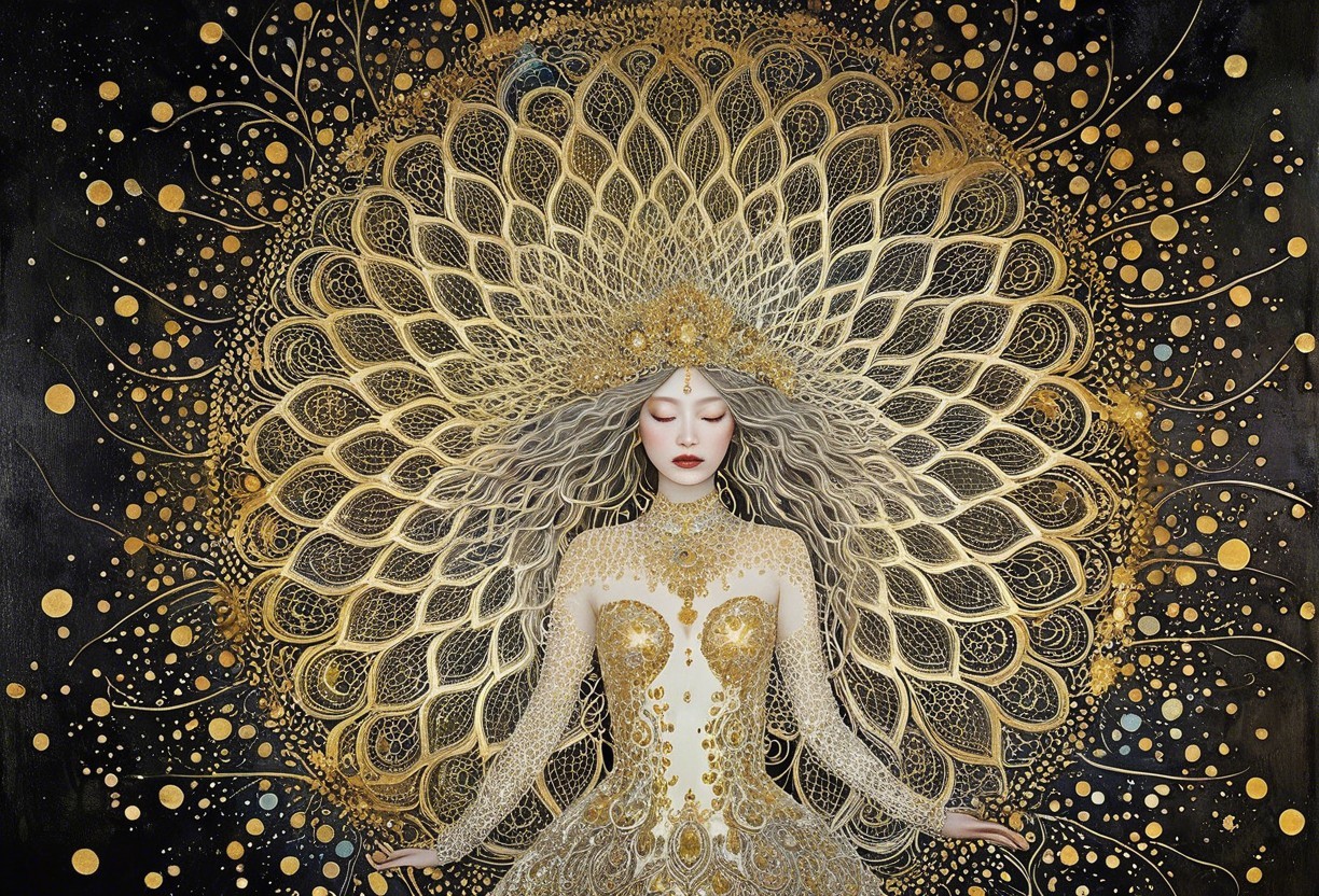 Ethereal Figure Surrounded by Golden Patterns and Orbs