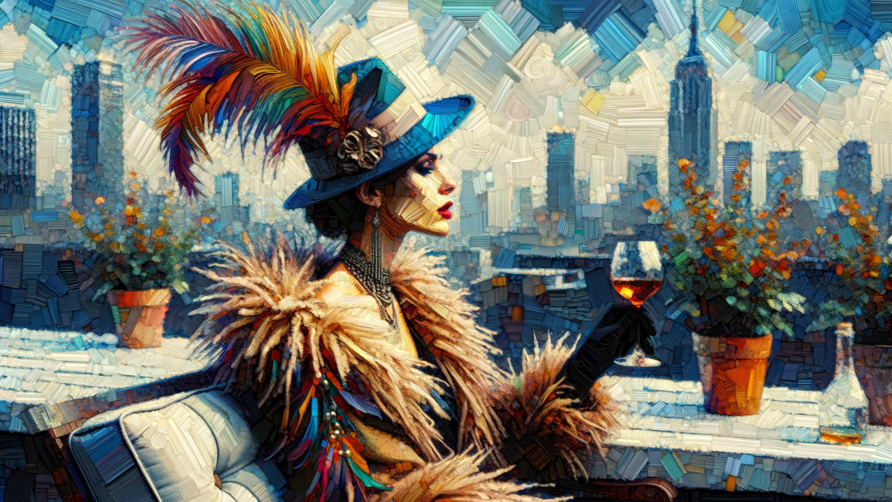 Glamorous Woman in Feathered Hat Overlooking Cityscape