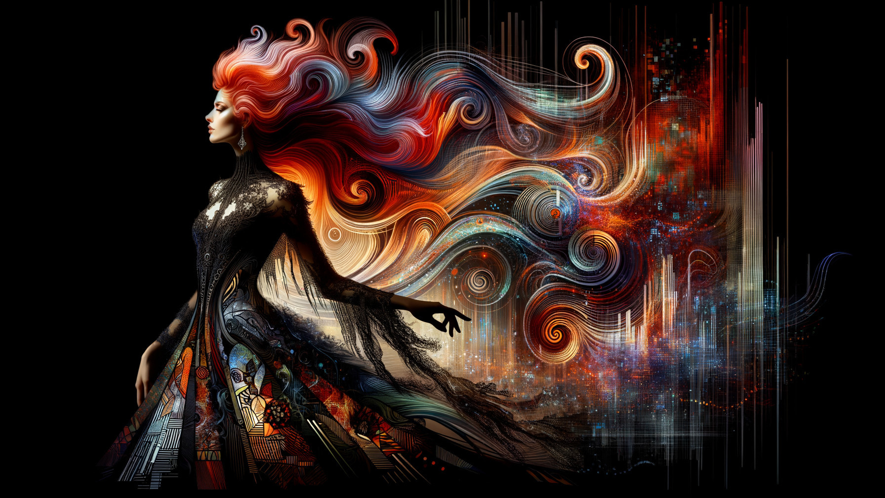 Striking figure in patterned gown with vibrant hair