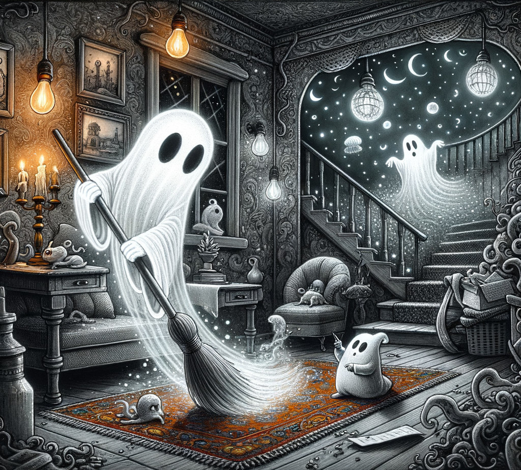 Whimsical Vintage Interior with Playful Ghosts Cleaning