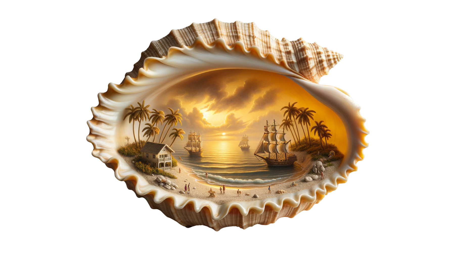 Seashell with a miniature beach scene inside