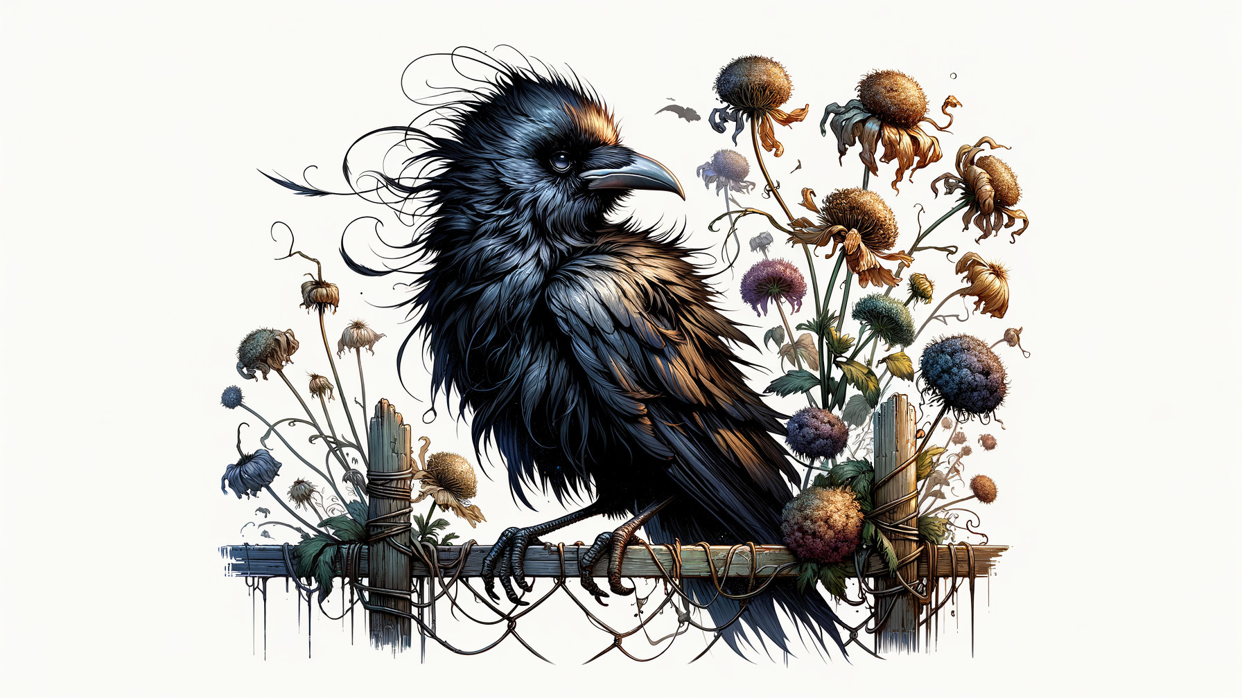Black Raven on Wooden Fence with Wilted Sunflowers