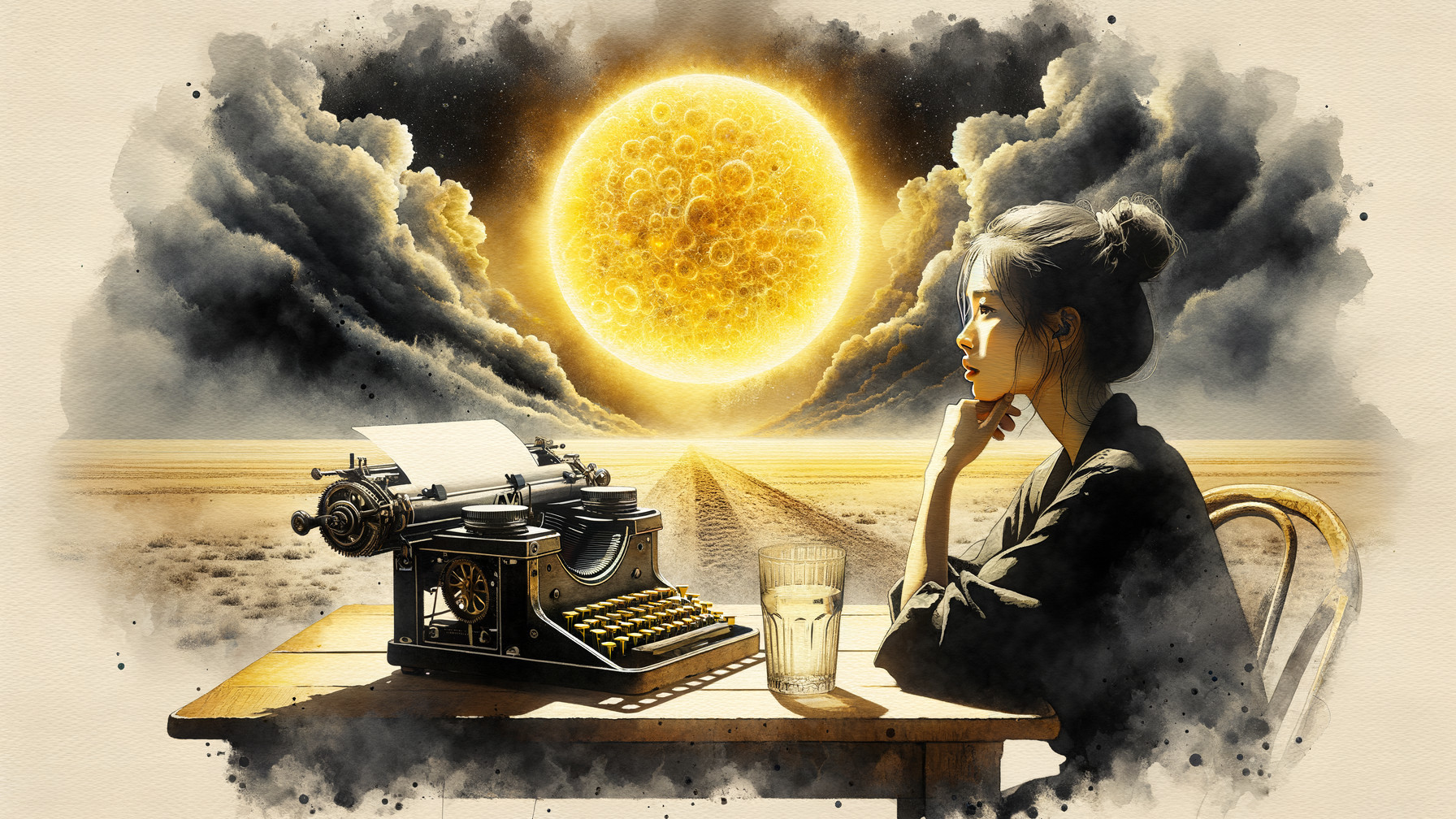 Contemplative Woman at Desk with Typewriter and Sun
