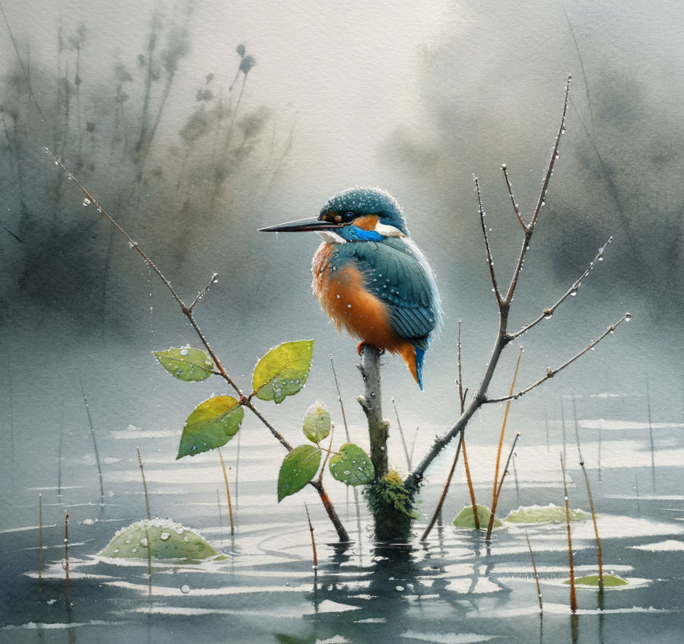 Watercolor Painting of Kingfisher on Twig Above Water