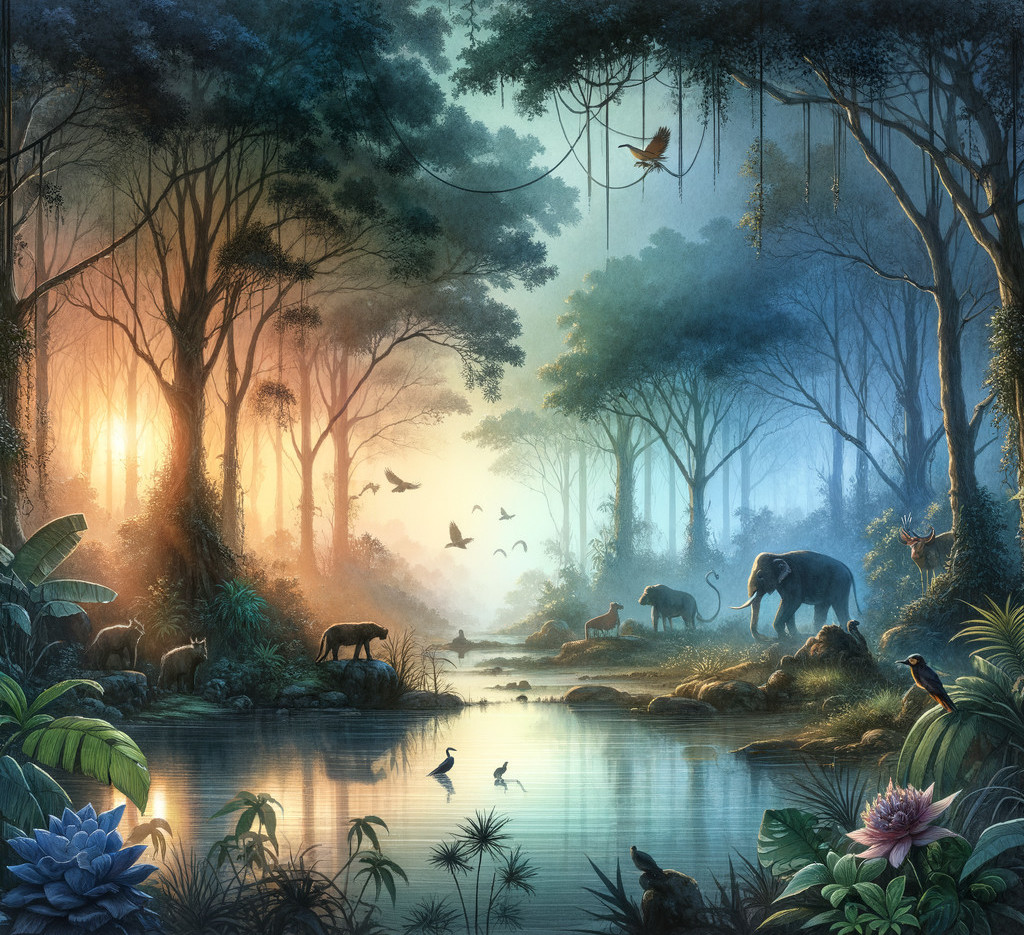 Serene Jungle Landscape with Diverse Wildlife at Sunrise
