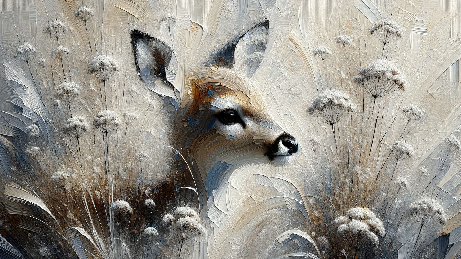 Artistic Deer Among Grasses and Flowers in Soft Colors