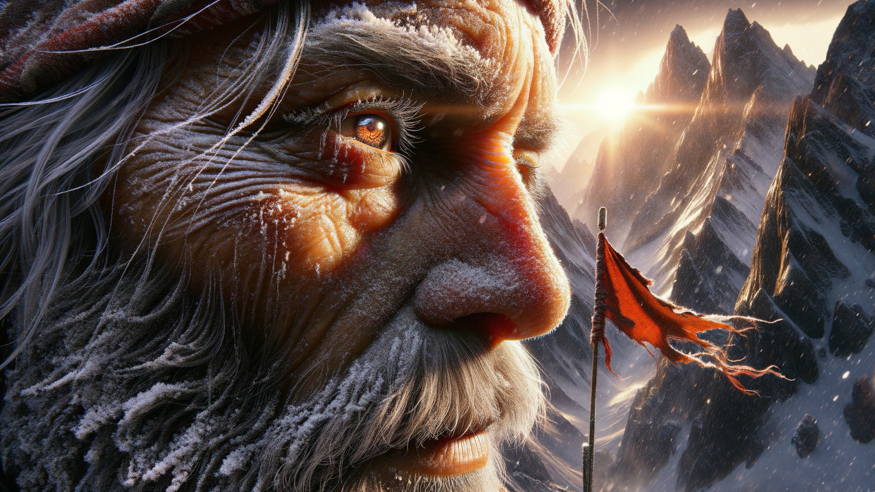 Elderly Man with Weathered Face Against Mountain Sunrise