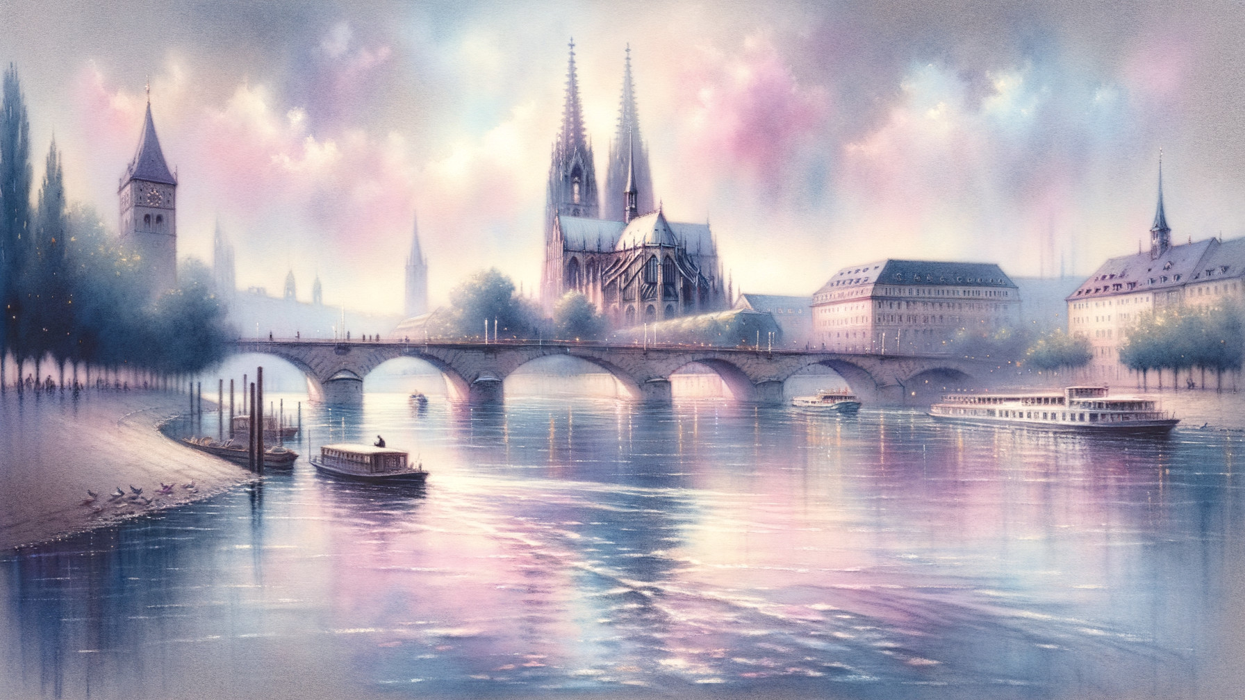 Serene Riverside Cathedral Scene with Reflection